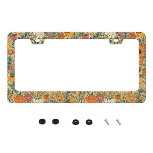 Beautiful Floral Print License Plate Frame Funny Stainless Steel Vintage Flower License Plate Frames Auto Parts Decoration with Screws License Plate Holder for Men Women 12x6 Inch