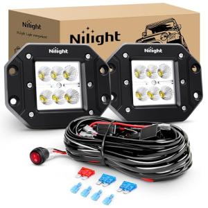 Nilight 2PCS 18W Flood Flush Mount LED Work Light Fog Lights Off Road Lights Driving Lights with Off Road Wiring Harness