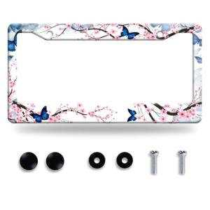 Cherry Blossom Butterfly License Plate Frame Funny Flowers License Plate Frames Stainless Steel Accessories Cars Decor with 2 Holes and Screws Fits Standard Us Ca Vehicles Size 12.2 X 6 Inches
