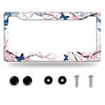 Cherry Blossom Butterfly License Plate Frame Funny Flowers License Plate Frames Stainless Steel Accessories Cars Decor with 2 Holes and Screws Fits Standard Us Ca Vehicles Size 12.2 X 6 Inches