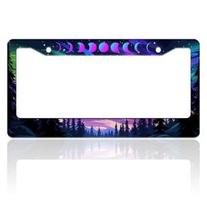 Moon Phases Aurora Forest License Plate Frame Night Sky Stainless Steel License Plate Holder for Front or Rear Car Tags Funny for Car Decoration Accessories with Screws 6.3 X 12.2 in for Women Men