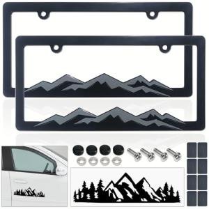 BGGTMO Mountain License Plate Frames- Gray on Black Mountain Raised, Plastic Car Tag Holder Bracket with Screws Caps, 2 Packs 2 Hole with Mountain Vinyl Sticker
