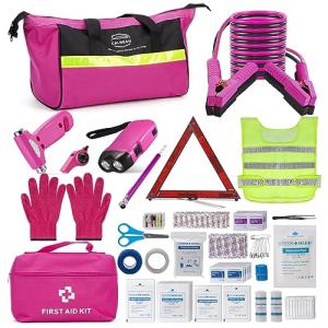 CALBEAU Roadside Emergency Car Kit for Vehicles, Pink Emergency Roadside Assistance kit with Car First Aid Kit, Thoughtful Car Emergency Kit for Women, Men, New Drivers and Adventurers Gifts