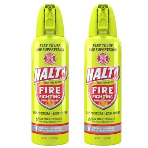 HALT! Fire Fighting Foam Spray – Non-Toxic, PFAS Free, Easy to Use, Store, and Find in Emergency – Compact & Portable – Ideal for Home, Kitchen, Apartment, Car, BBQ, Tailgate – Made in USA (2-Pack)