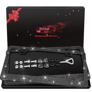 Bling License Plate Frames 2 Pack - Stainless Steel Black Rhinestones Car Accessories with 1200 Crystals, Universal Fit Decorative Diamond Plate Covers for Women Men All Cars