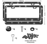Bling License Plate Frames 2 Pack - Stainless Steel Black Rhinestones Car Accessories with 1200 Crystals, Universal Fit Decorative Diamond Plate Covers for Women Men All Cars