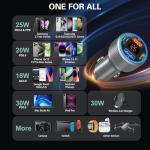 Car Charger USB C, 65W Multi Port Dual 12V Cigarette Lighter USB Car Charger Adapter with Voltage Display PD/QC 3.0 Super Fast Charge Car Phone Charger for iPhone 17 16 15 14 13 12 Pro Max Plus(Gray)