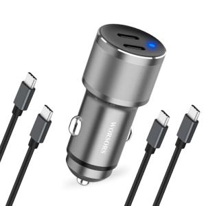 Dual USB C Car Charger, 60W PD (30W + 30W) Super Fast Charging Adapter Metal for iPhone 16/15 Pro Max, Samsung Galaxy S25 Ultra/S25 Plus/S25/S24/S23, Note 20/10, iPad Pro + 2X Type C to C Cable 3.3Ft