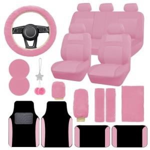 JINGSEN Pink Car Seat Cover Set with Floor Mats