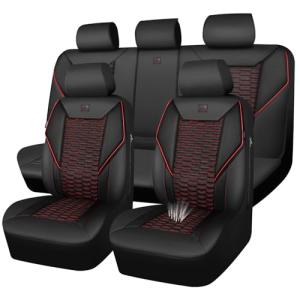 CAR PASS 3D Foam Mesh Leather Car Seat Covers Full Set,Breathable Mesh Faux Leather Seat Covers for Car,Universal Fit for SUV Truck Sedan Automotive, Armrest Airbag Compatible,Black and Red