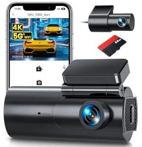 GKU Dash Cam Front and Rear Camera – 4K+1080P Dual Dash Camera for Cars with 64GB SD Card, 5GHz WiFi & App Control, Night Vision, Parking Mode, G-Sensor, Loop Recording, WDR, 170° Wide Angle