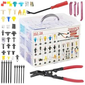 2080Pcs Car Retainer Clips & Fasteners Kit – 33 Universal Sizes Nylon Bumper, Fender Rivets, Door Panel Clips, and Plastic Rivets with 10 Cable Ties and Removal Tool for Toyota, Ford, Benz (2080pcs)