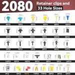2080Pcs Car Retainer Clips & Fasteners Kit – 33 Universal Sizes Nylon Bumper, Fender Rivets, Door Panel Clips, and Plastic Rivets with 10 Cable Ties and Removal Tool for Toyota, Ford, Benz (2080pcs)