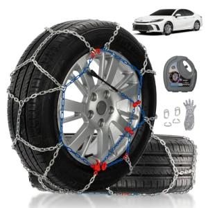 Snow Chains for Car Tires, Tire Chains for Passenger Cars, Sedan, SUVs, Quick Fit & Easy Installation Snow Tire Chains, Portable Reusable Emergency Tire Traction Chain, Set of 2 (HP1553)