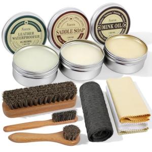 10Pcs Leather Care Kit- 3Pcs Horsehair Brushes, 1.76oz Saddle Soap, 1.76oz Mink Oil, 1.76oz Wax Waterproofer, Polish Cloths, Leather Cleaner and Conditioner for Shoes, Boots, Bags, Purses, Car Seats