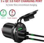 Triple Port QC3.0 Car Charger Socket, 12V/24V 36W USB Charger with 3 Fast Charging Ports, IP66 Waterproof Aluminum Socket Mount for Car Boat RV Marine ATV