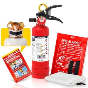 Ougist 3 Pieces Fire Extinguisher Kit for Home Kitchen and Car – Includes 2.5 lb ABC Dry Powder Fire Extinguisher with Quick-Release Handle, Emergency Smoke Hood and Fire Blanket