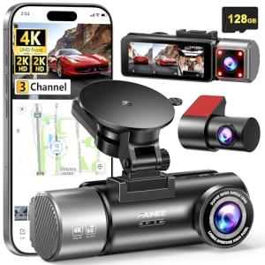 4K+2K+2K 3 Channel Dash Cam Front and Rear, 128GB Card Included, Dash Camera for Cars 5.8G/2.4G Dual Wifi, Built-in GPS, Night Vision, WDR, 170°Wide Angle, G-Sensor Emergency Lock, 24H Parking Monitor