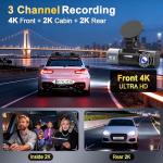 4K+2K+2K 3 Channel Dash Cam Front and Rear, 128GB Card Included, Dash Camera for Cars 5.8G/2.4G Dual Wifi, Built-in GPS, Night Vision, WDR, 170°Wide Angle, G-Sensor Emergency Lock, 24H Parking Monitor