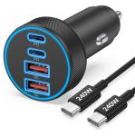 iPhone 17 16 15 Car Charger Fast Charging, 90W 4-Port USB C Fast Car Charger Cigarette Lighter Adapter with 240W 3FT USB-C Cable for iPhone 17/Air/17 Pro/16/15 Pro Max/Plus/16e, iPad, Galaxy, Android