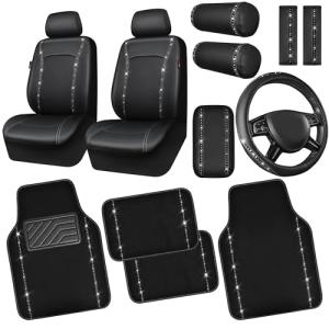 CAR PASS 14 PCS Bling Diamond Car Accessories Set for Women, Leather Seat Covers Front Seats Sparkly Rhinestone 15'' Steering Wheel Covers Shining Diamond Car Floor Mats Cute Interior Sets, Silver