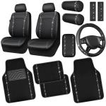 CAR PASS 14 PCS Bling Diamond Car Accessories Set for Women, Leather Seat Covers Front Seats Sparkly Rhinestone 15'' Steering Wheel Covers Shining Diamond Car Floor Mats Cute Interior Sets, Silver