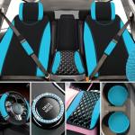 Fulmoon 17 Pcs Car Accessories Set for Women Seat Bling Leather Steering Wheel Cover Seat Belt Shoulder Pad Armrest Cup Holders Covers Full Crystal Decor Automotive Interior(Lake Blue and Black)