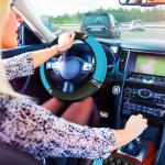 Fulmoon 17 Pcs Car Accessories Set for Women Seat Bling Leather Steering Wheel Cover Seat Belt Shoulder Pad Armrest Cup Holders Covers Full Crystal Decor Automotive Interior(Lake Blue and Black)