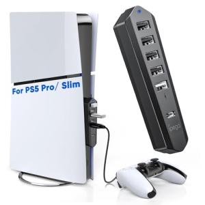 6 Ports USB Hub Only for PS5 Pro/Slim Console Disc ＆ Digital, High-Speed Extra USB Port Extender for PS5 Slim Pro Accessories, Charging Adapter with 1 Type C 3.0 + 4 USB-A 2.0 + 1 Port