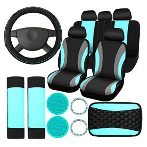Sinmoe 17 Pcs Car Seat Covers Full Set, Steering Wheel Cover Center Console Pad Armrest Cover Seat Safety Belt Pad Seatbelt Covers Cup Mats Car Emblem Ring Sticker Accessories Set(Black, Mint)