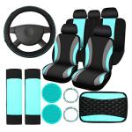 Sinmoe 17 Pcs Car Seat Covers Full Set, Steering Wheel Cover Center Console Pad Armrest Cover Seat Safety Belt Pad Seatbelt Covers Cup Mats Car Emblem Ring Sticker Accessories Set(Black, Mint)