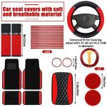 BBTO 43 Pcs Bling Car Accessories Set for Women Front Seats and Rear Bench Polyester Car Seat Protectors Wheel Cover Seat Floor Mats Full Crystal Automotive Interior Decor(Red and Black)