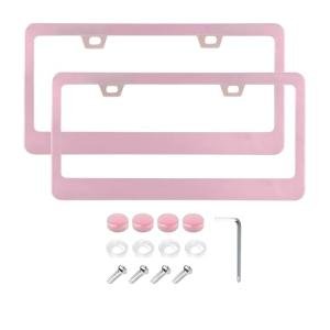 Fashion 2 Pack Matte Cherry Baby Pink License Plate Frames, Stainless Steel Car License Plate Cover Car Accessories with Screw Caps (Pink)