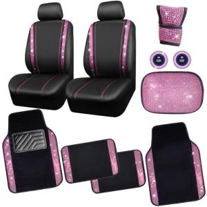 CAR PASS Bling Rhinestone Car Seat Covers Leather Shining Diamond Car Floor Mats Carpet with Anti-Slip Nibs Bling Diamonds Car Accessories Sets Pink Glitter Crystal Diamond Combo Set