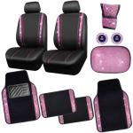 CAR PASS Bling Rhinestone Car Seat Covers Leather Shining Diamond Car Floor Mats Carpet with Anti-Slip Nibs Bling Diamonds Car Accessories Sets Pink Glitter Crystal Diamond Combo Set