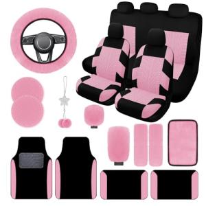 JINGSEN 21 Pcs Car Seat Covers Full Set for Women,Car Seat Covers for Car Floor Mats,3D Tyre Print with 5mm Composite Sponge Automotive Interior Universal Car Seat Cover,Accessories Full SUV(Pink)