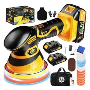 Niusken Cordless Car Buffer Polisher kit [2X 2000mAh 21V Batteries & 18 PCS Attachments] 6-Speed Orbital Design, LED Display, Lightweight Detailing Tool for Waxing, Polishing & Scratch Removal-Yellow