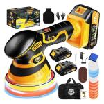 Niusken Cordless Car Buffer Polisher kit [2X 2000mAh 21V Batteries & 18 PCS Attachments] 6-Speed Orbital Design, LED Display, Lightweight Detailing Tool for Waxing, Polishing & Scratch Removal-Yellow