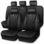 CAR PASS 5 Seats Piping Luxury Faux Leather Seat Covers Full Set, Anti-Slip Waterproof Seat Covers Compatible with Front Armrests, Universal Fit for Suvs,Vans,Trucks,Airbag Compatible, Pure Black