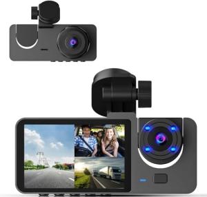3 Channel Dash Cam,4K+1080P Dash Cam Front and Rear Inside, Dash Camera for Cars, Triple Car Camera with 32GB Card,Built-in G-Sensor, 2’’ IPS Display Car Camera,Loop Recording,24Hr Parking