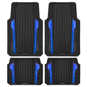 CAR PASS Heavy Duty Rubber Car Mats Metallic,Aluminum Film All Weather Floor Mats Waterproof Universal Trim to Fit Automotive SUV Sedan Van 4 Piece Anodized Deep Dish Two-Tone Sporty Black Blue Chrome