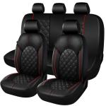 CAROMOP Luxury PU Leather Car Seat Covers Full Set-Waterproof Seat Protectors with Split Bench Seat Covers for Cars-Universal Cars Interior Covers for Sedans, SUVs, Pick-up Trucks (Black/Red Line)