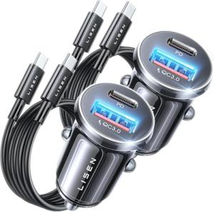 LISEN Super Fast iPhone 16 Car Charger USB C [Alloy] 2 Pack 54W iPhone 15 Type C Car Charger Fast Charging Cigarette Lighter Adapter for 17 iPhone 16e Pro Max Plus/15,Samsung Galaxy Z Fold 7 S25 Ultra
