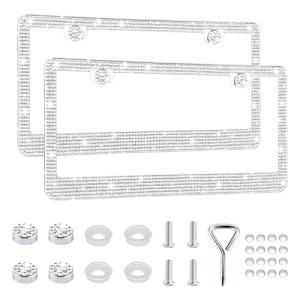 GaRhomxy Bling License Plate Frames for Women, 2 Pack Handcrafted Sparkly Rhinestone Car Accessories, Premium Stainless Steel Frame with 1000+ Faceted Glass Crystals & Free Glitter Caps (White)