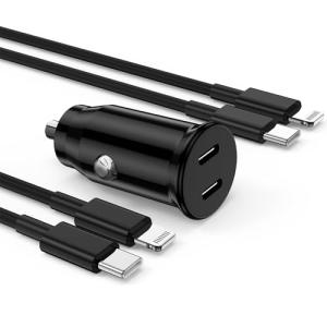 iPhone Fast Car Charger,Dual Port USB C Car Charging Cigarette Lighter Adapter with Type C to Lightning Cable Cord for Apple iPhone 14 Pro/14 Pro Max/14/13 Pro/13 Max/12 Mini/12/11/X/XS/SE/7S/6 Plus/5