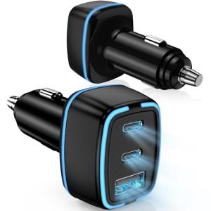 USB C Car Charger, 3 Port PD Super Mini Cigarette Lighter Adapter, 2Pack USB-C & A Fast Car Charging for iPhone 16/15 Pro Max, Galaxy S25/S24, iPad, Pixel, Android Phones,Travel Essentials for Men