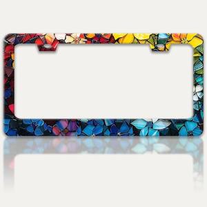 Marble Flowers License Plate Frame Colorful Floral Pattern License Plate Holders Funny Stainless Steel Auto Accessory Bracket 2 Hole with Screws Universal Us Car License Plate Frames 6x12 Inch