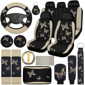 BBTO 43 Pcs Butterfly Car Seat Full Set Butterfly Car Accessories for Women 5 Front Rear Seat Covers Wrist Strap 2 Pcs Cup Mat Armrest Pad 2 Belt Xmas Cover Accessories for SUV(Cream-Colored)