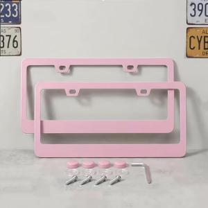 Fashion 2 Pack Matte Cherry Baby Pink License Plate Frames, Stainless Steel Car License Plate Cover Car Accessories with Screw Caps (Pink)