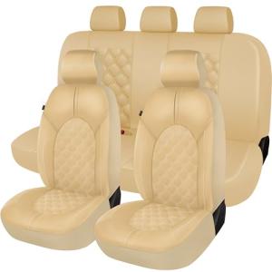 CAROMOP Luxury PU Leather Car Seat Covers Full Set-Waterproof Seat Protectors with Split Bench Seat Covers for Cars-Universal Cars Interior Covers for Sedans, SUVs, Pick-up Trucks(Beige/Beige Line)
